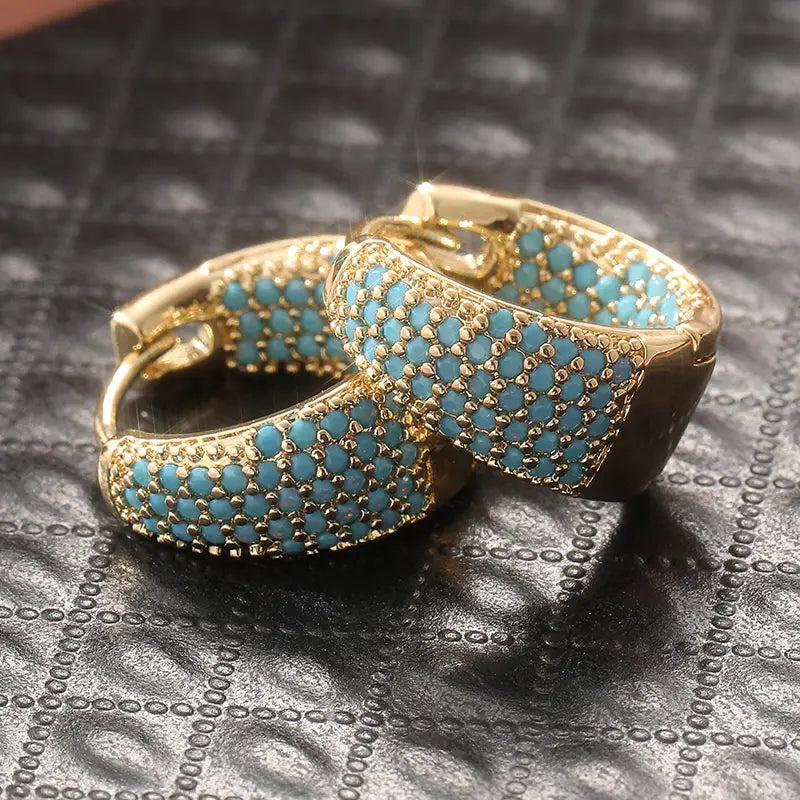 Gold hoop earrings with turquoise beads | Gold