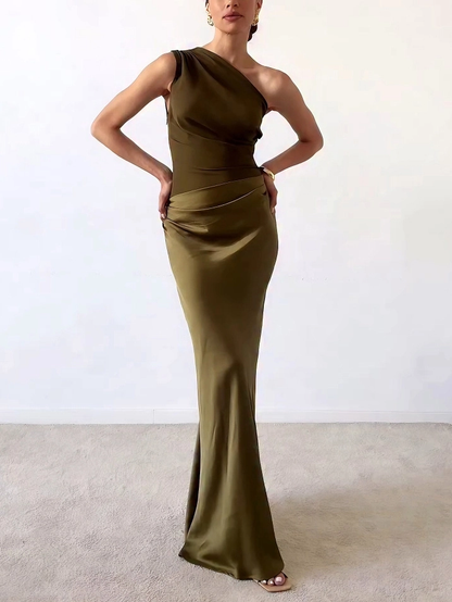 Laura | Elegant One-Shoulder Long Evening Dress with Pleats