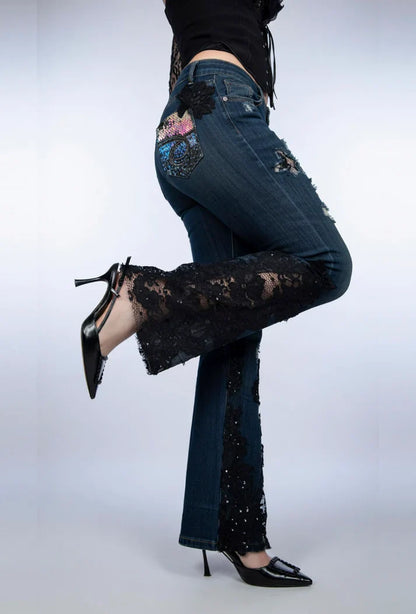 Midnight Lace Flare Stretch Jeans