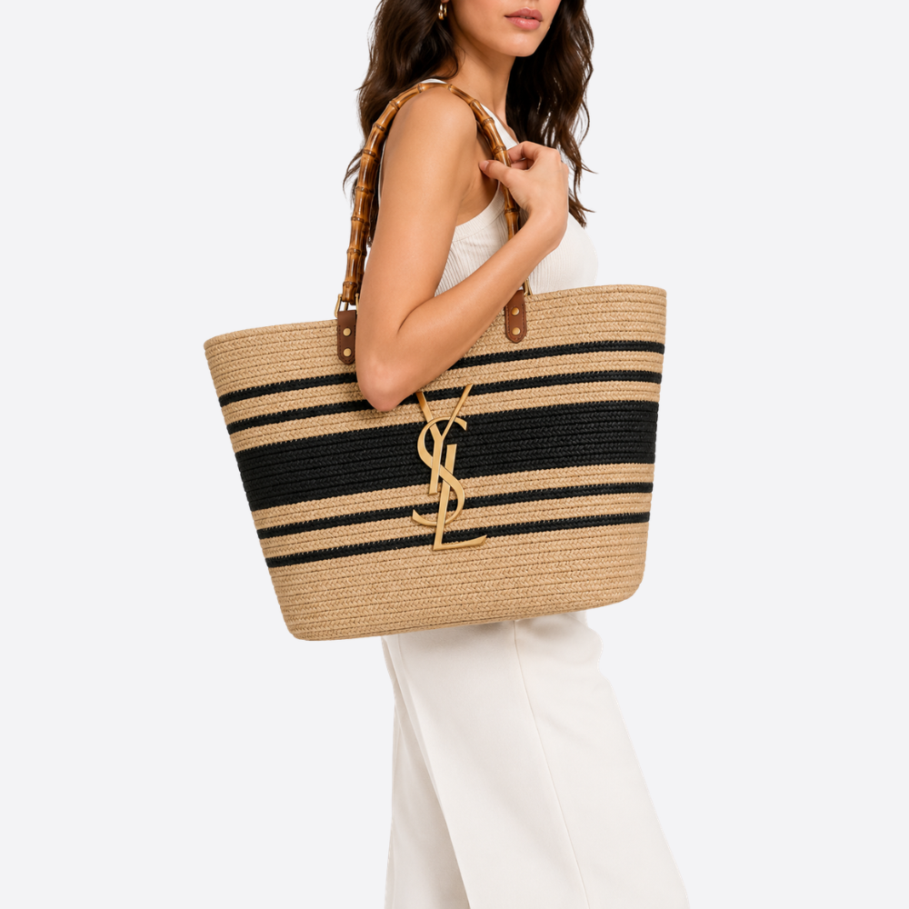 YSL Raffia Bamboo Tote Bag