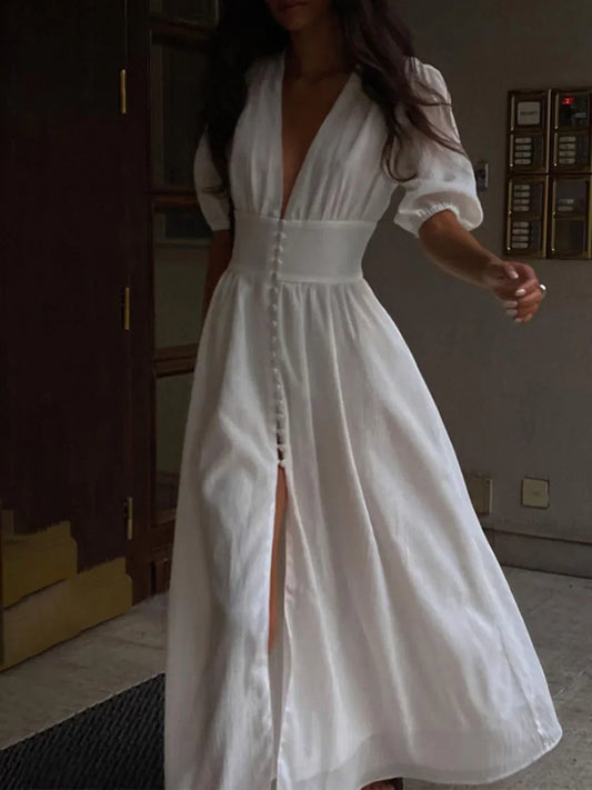 Anais | Long dress with puff sleeves, buttons, and slit