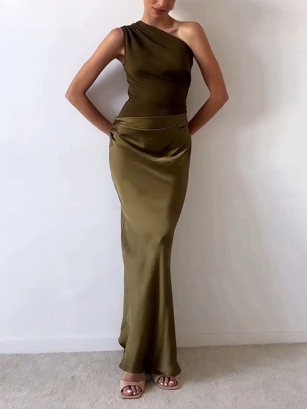 Laura | Elegant One-Shoulder Long Evening Dress with Pleats