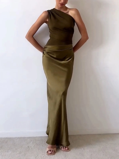 Laura | Elegant One-Shoulder Long Evening Dress with Pleats
