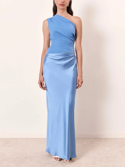 Laura | Elegant One-Shoulder Long Evening Dress with Pleats