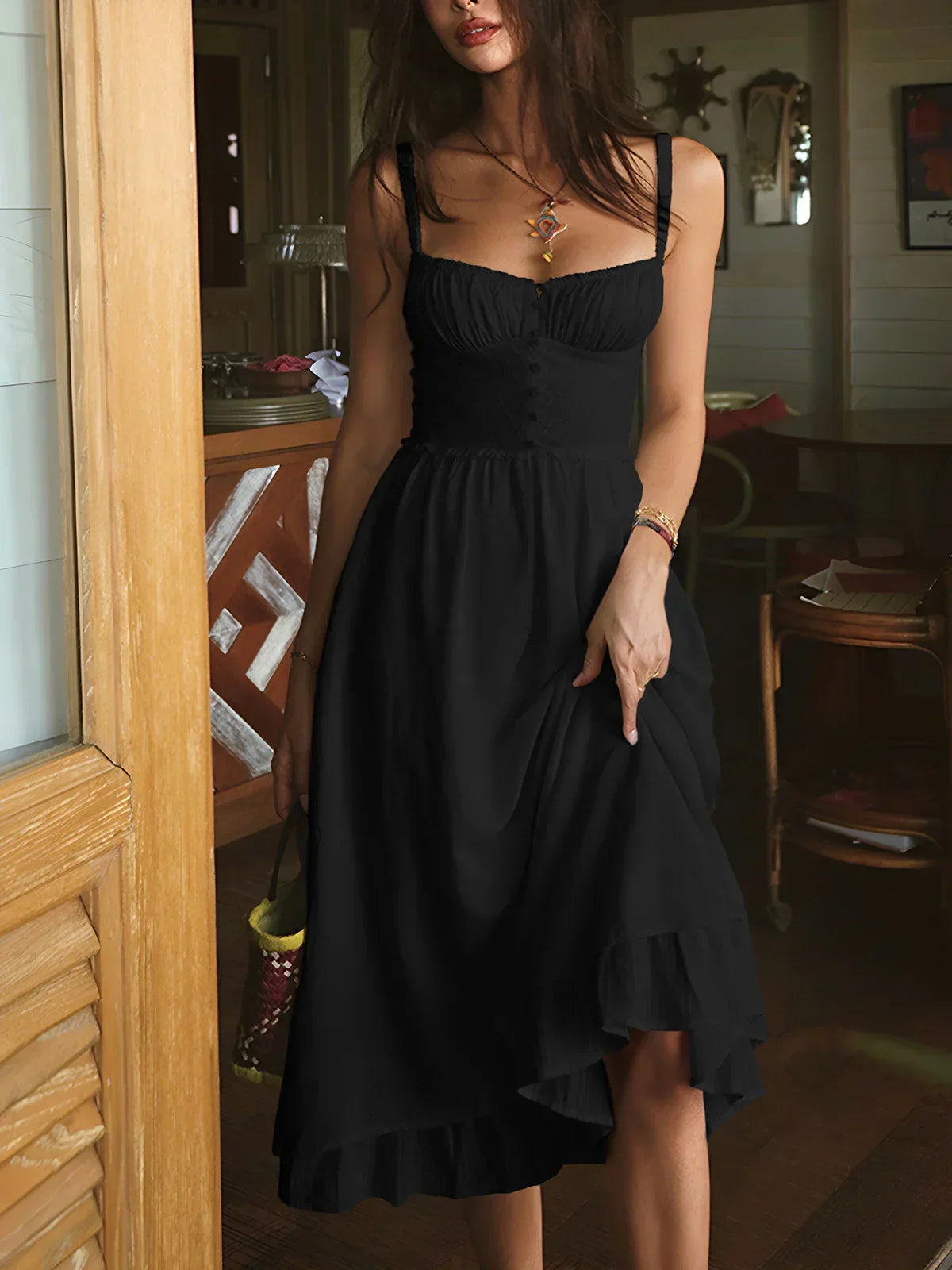 Iris | Solid color midi dress with thin straps and ruffle at the hem