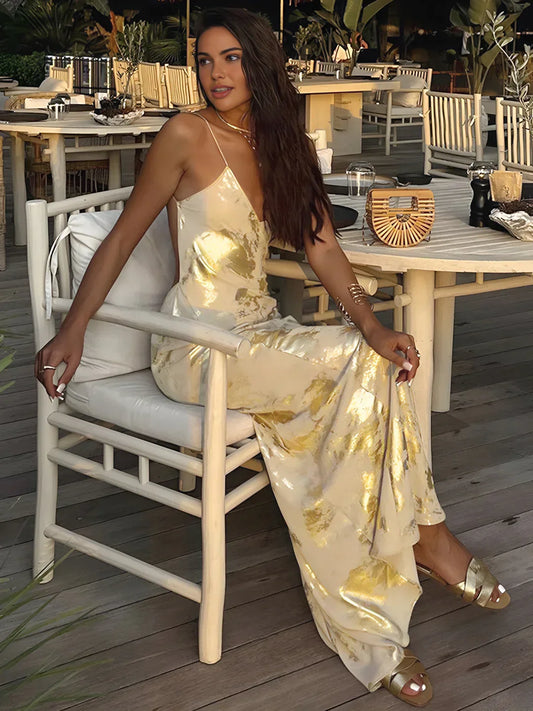 Lola | Long metallic satin dress with V-neck and open back
