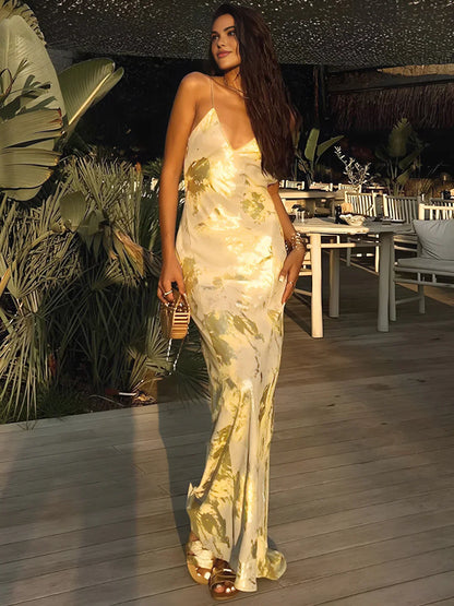 Lola | Long metallic satin dress with V-neck and open back