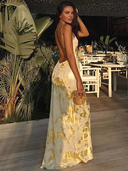 Lola | Long metallic satin dress with V-neck and open back