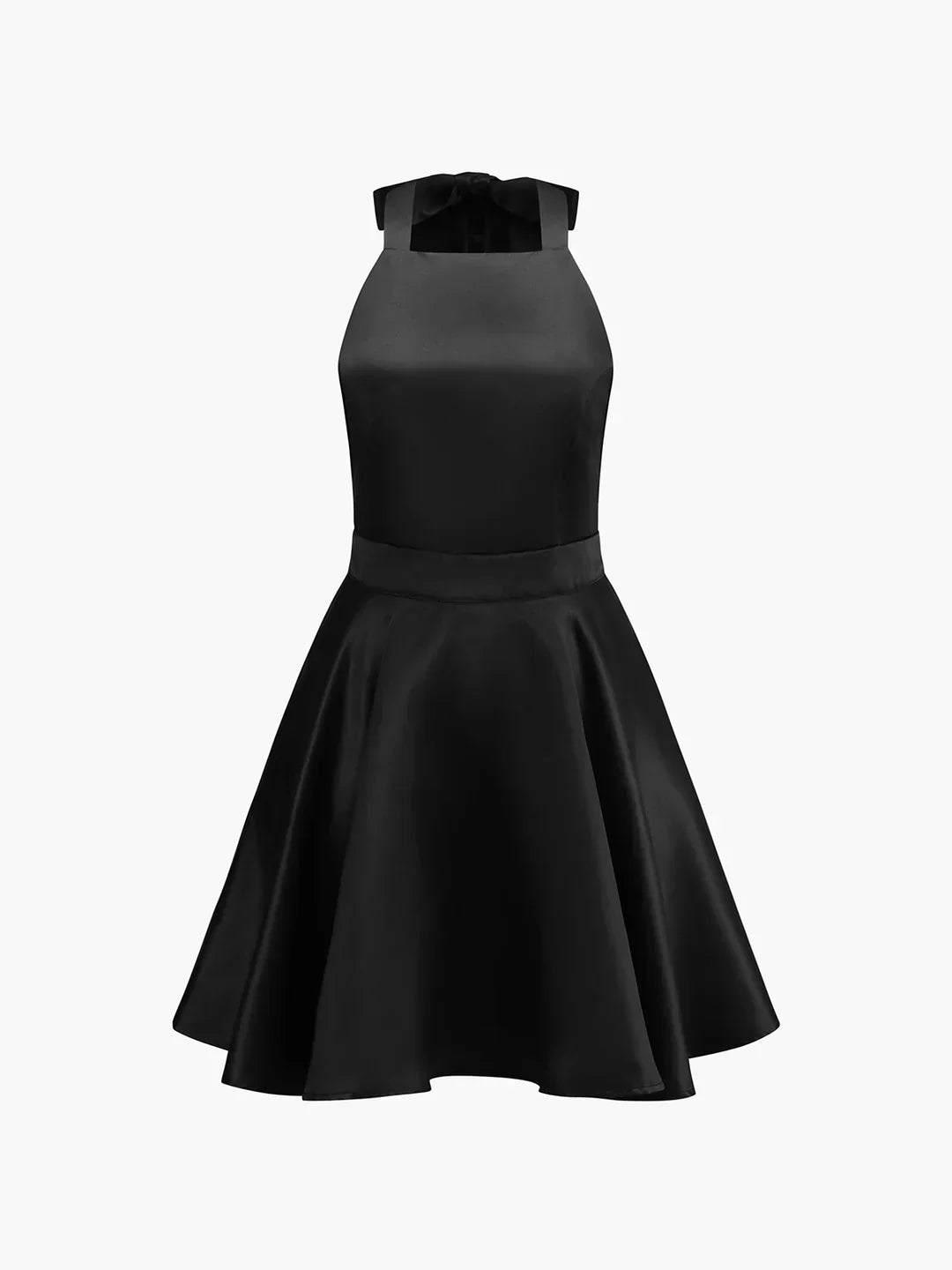 Carolina | Mini pleated satin dress with knot, double pockets, and open back