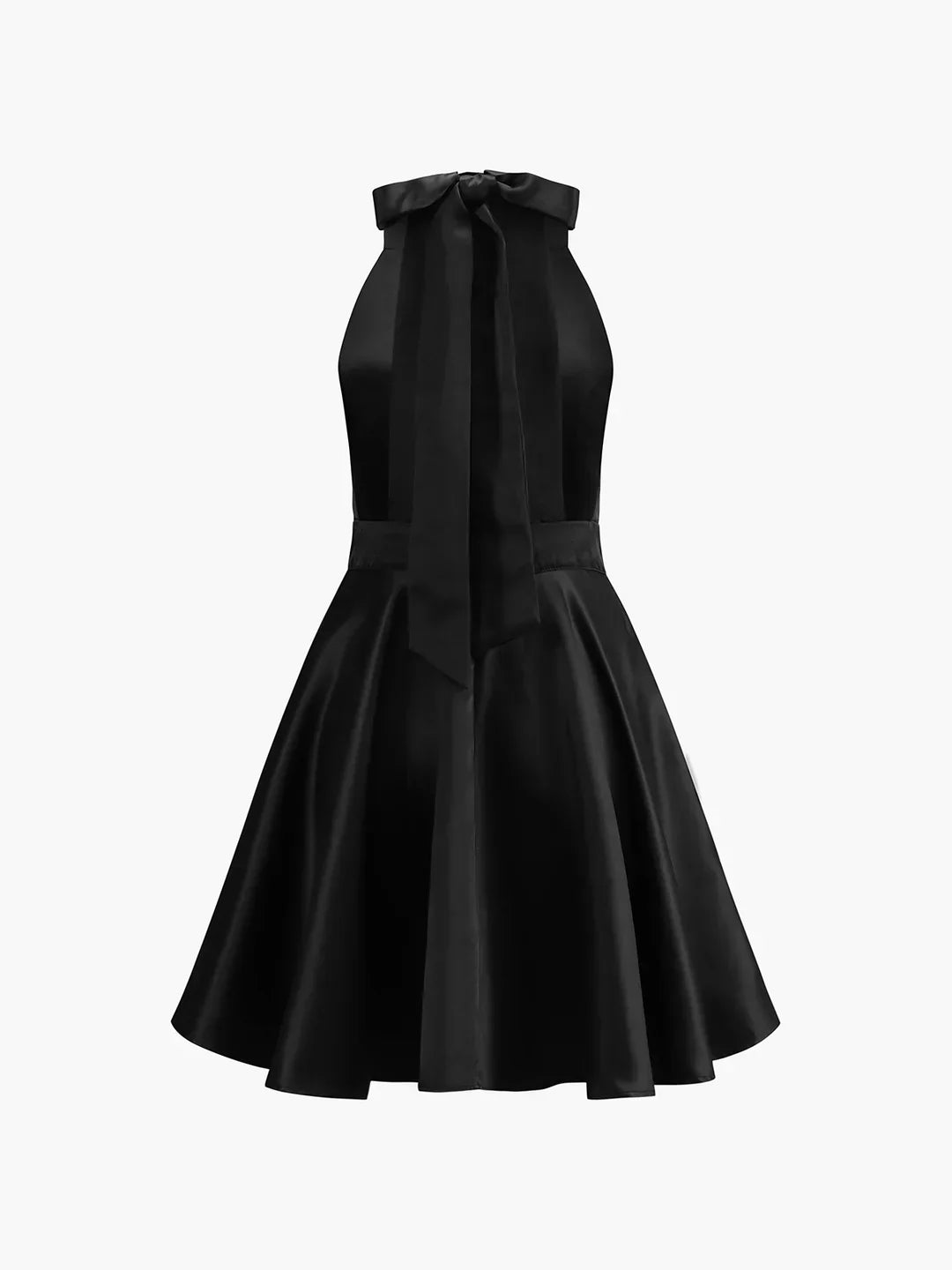 Carolina | Mini pleated satin dress with knot, double pockets, and open back