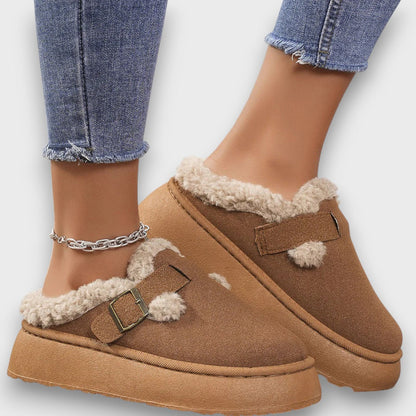 Women's Fleece-Lined Platform Buckle Mules