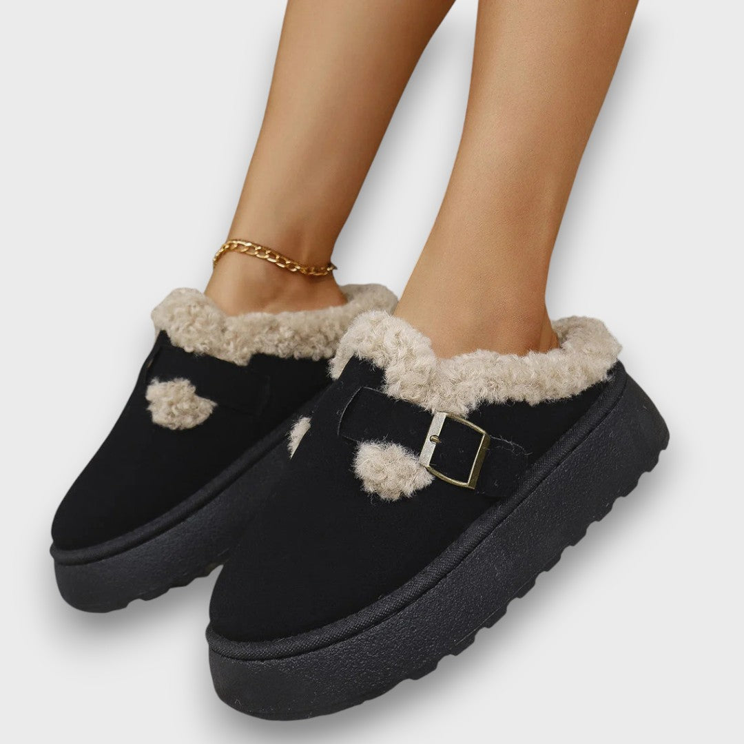 Women's Fleece-Lined Platform Buckle Mules