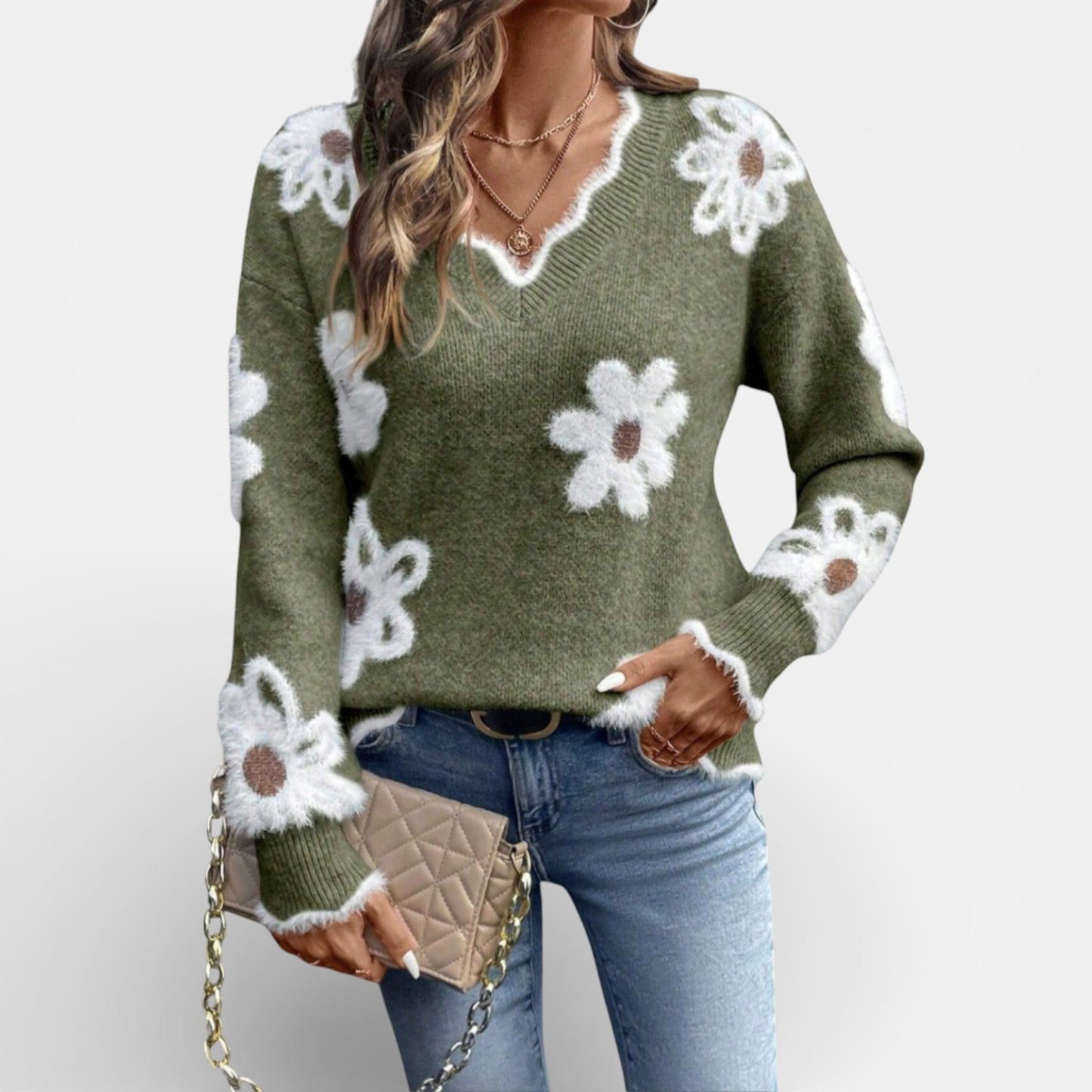 Women's Floral V-Neck Sweater in Five Colors