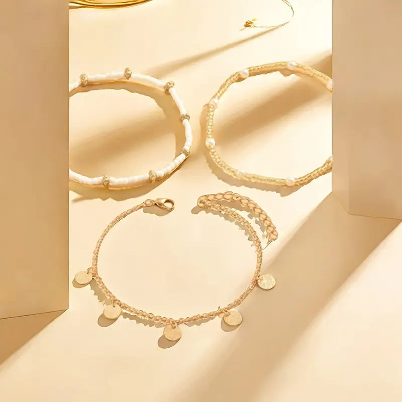 Set of 3 Layered Anklets Coastal Charm | Gold