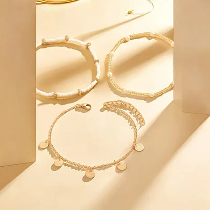 Set of 3 Layered Anklets Coastal Charm | Gold