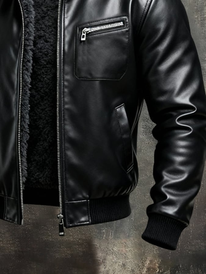 Vanhouten™ | Warm Black Faux Leather Jacket with Sherpa Lining