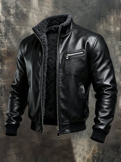Vanhouten™ | Warm Black Faux Leather Jacket with Sherpa Lining