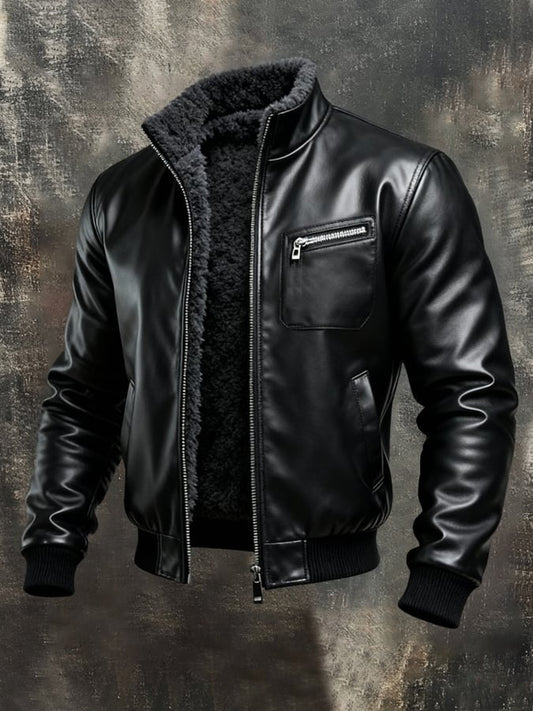 Vanhouten™ | Warm Black Faux Leather Jacket with Sherpa Lining