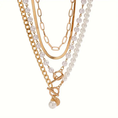 Vintage necklace set with pearl and snake chain | Gold