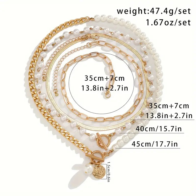 Vintage necklace set with pearl and snake chain | Gold