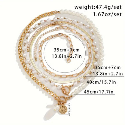 Vintage necklace set with pearl and snake chain | Gold