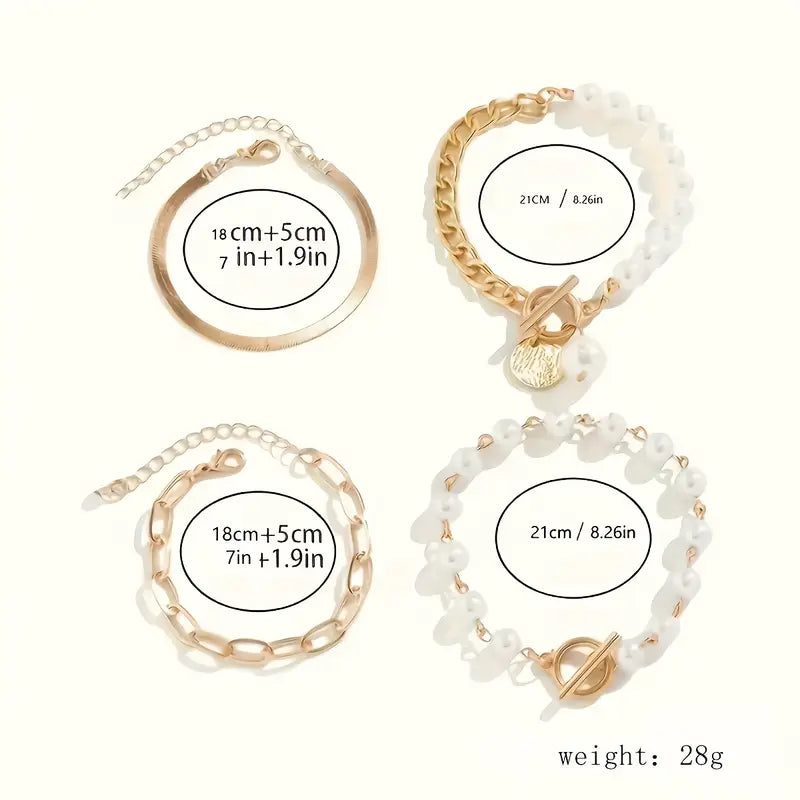 Set of 4 Chic Gold Bracelets – Snake, Pearls, and Links | Gold