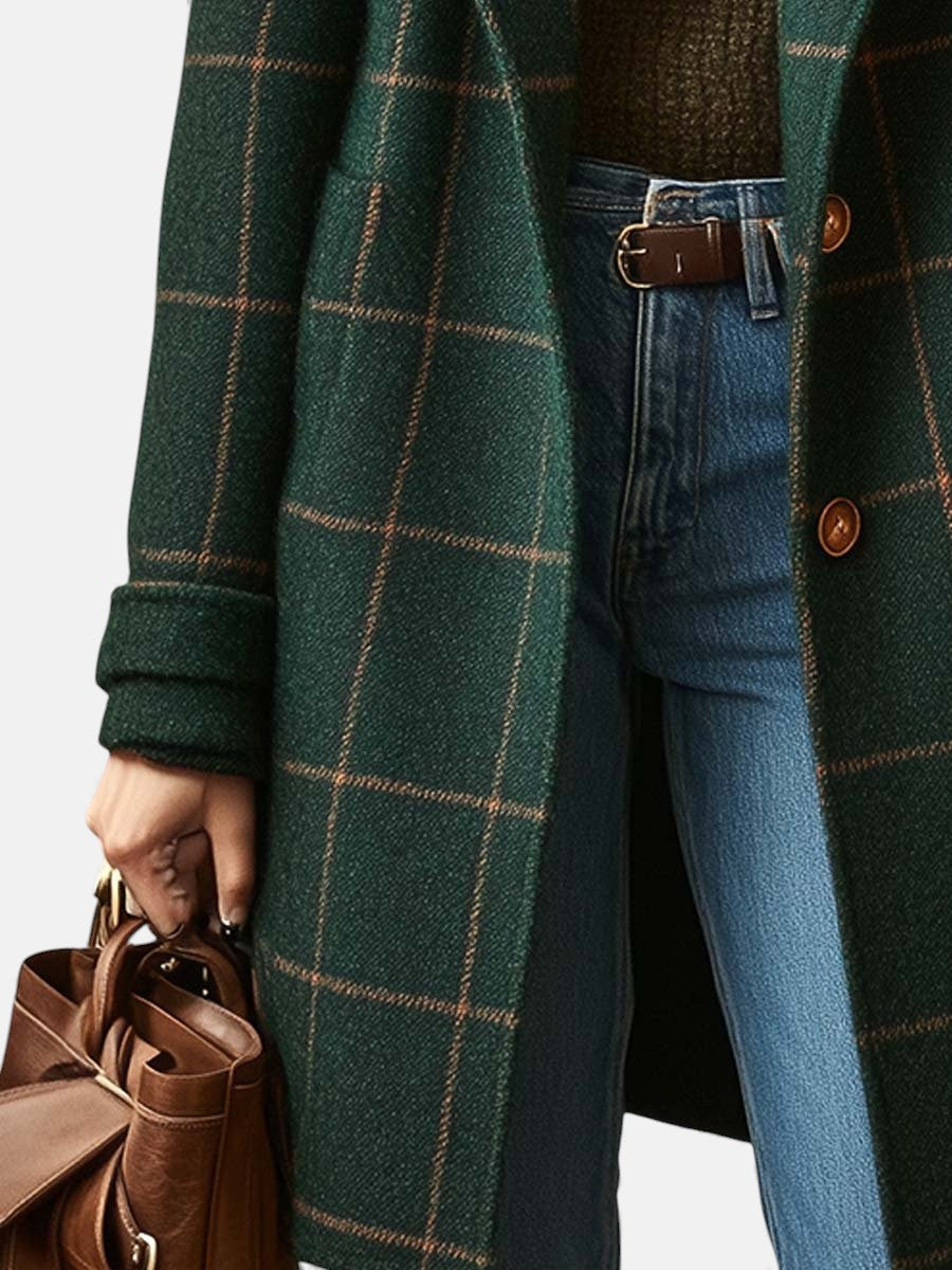 Women's Retro Plaid Tweed Coat with Lapel Collar
