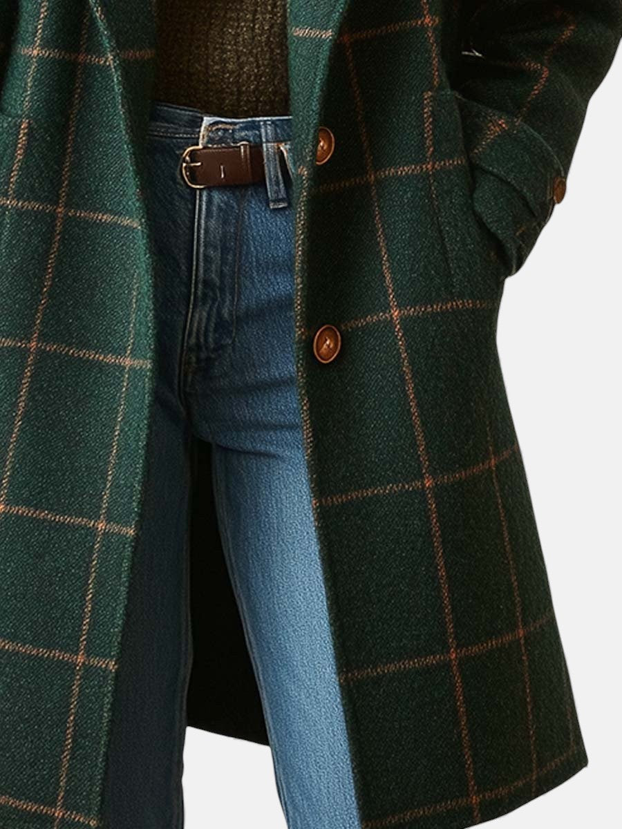 Women's Retro Plaid Tweed Coat with Lapel Collar