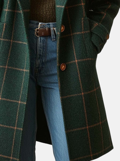 Women's Retro Plaid Tweed Coat with Lapel Collar