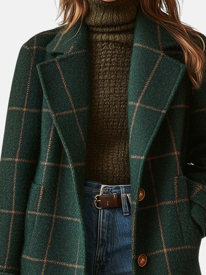 Women's Retro Plaid Tweed Coat with Lapel Collar