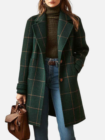 Women's Retro Plaid Tweed Coat with Lapel Collar