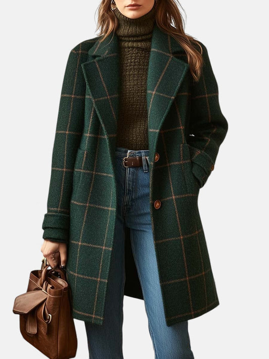 Women's Retro Plaid Tweed Coat with Lapel Collar